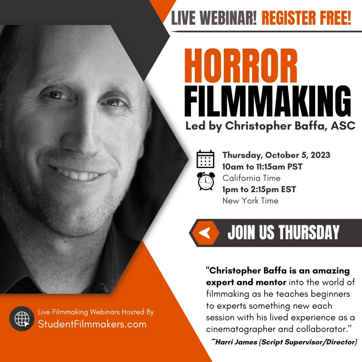 Horror Filmmaking Live Webinar with Christopher Baffa, ASC, hosted by StudentFilmmakers.com