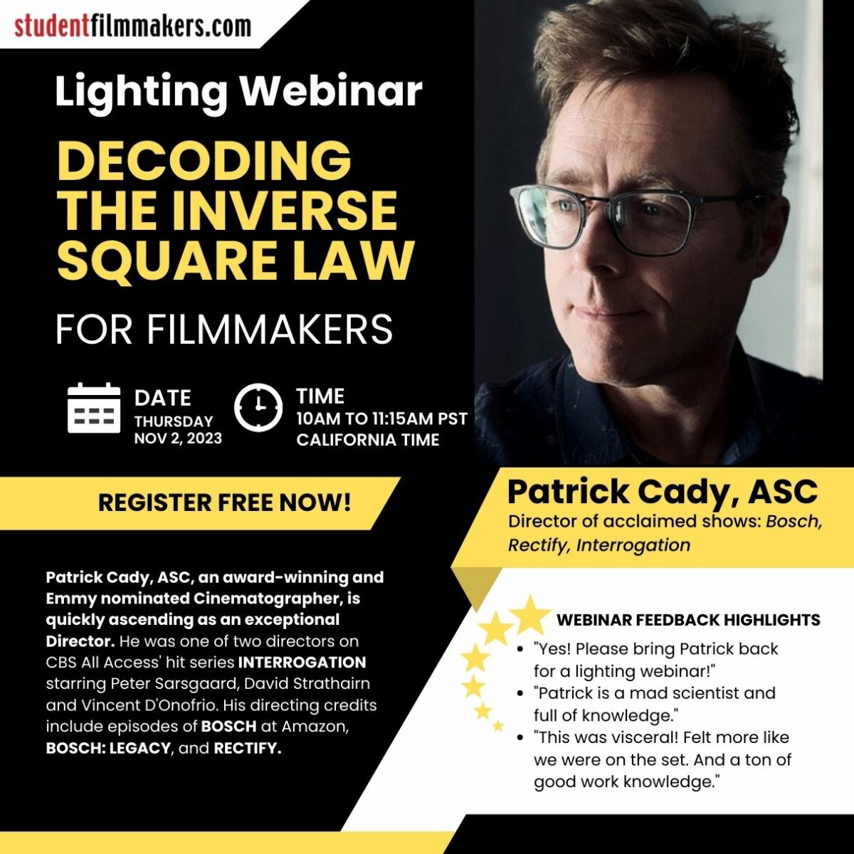 Live Lighting Webinar | Decoding the Inverse Square Law for Filmmakers with Patrick Cady, ASC