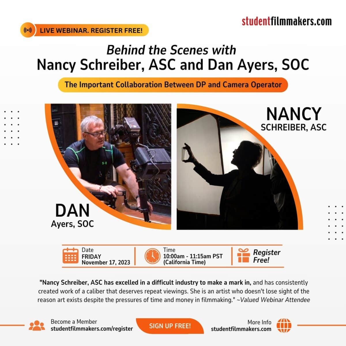 Behind the Scenes with Nancy Schreiber ASC and Dan Ayers, SOC - Live Filmmaking Webinars with Student Filmmakers