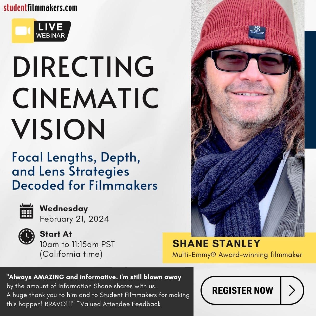 Live Webinar: “Directing Cinematic Vision: Focal Lengths, Depth, and Lens Strategies Decoded for Filmmakers” with Shane Stanley, Multi-Emmy® Award-Winning Filmmaker